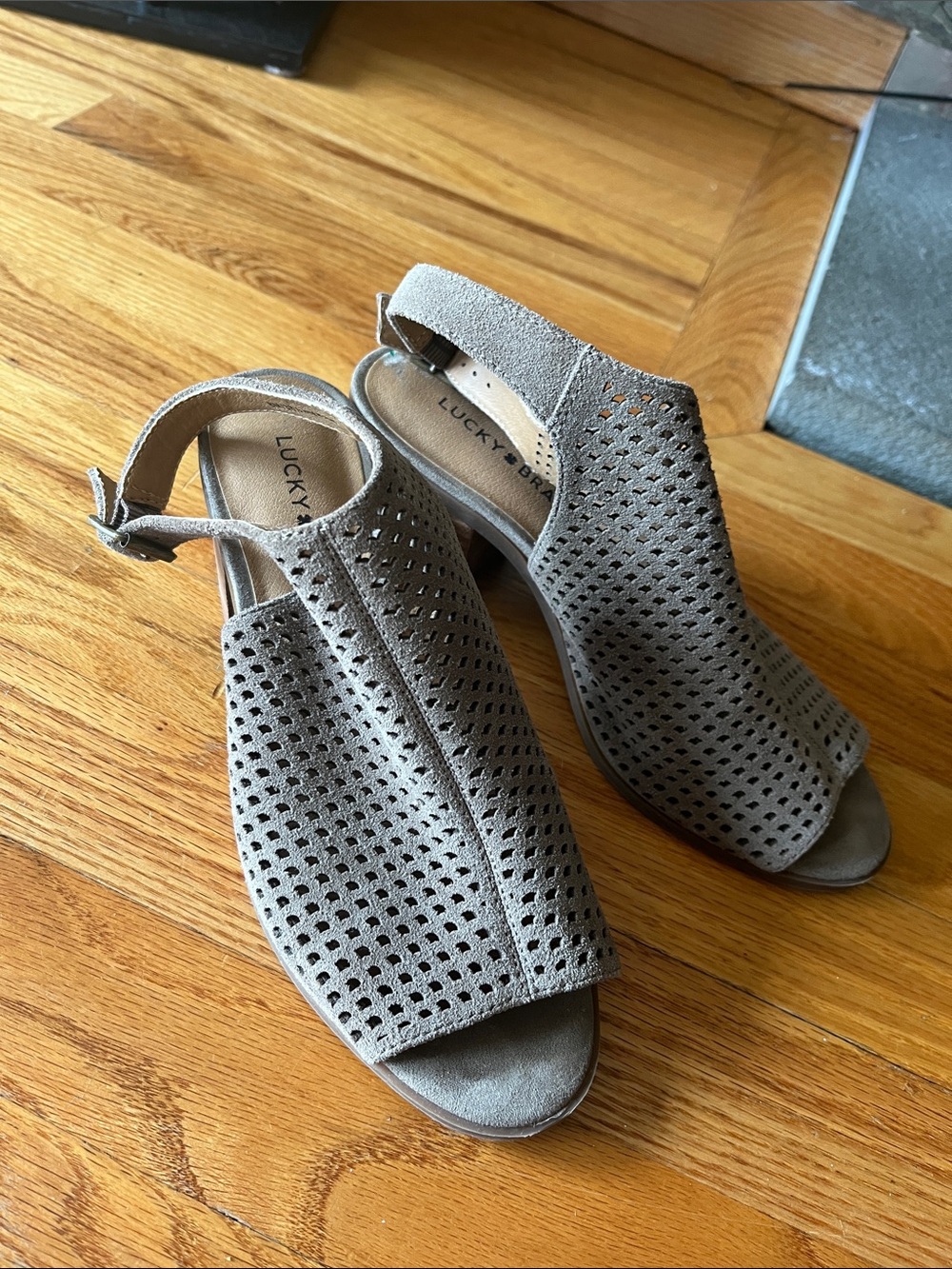 Lucky Brand Taupe Perforated Open-Toe Slingback Heels Taupe 8